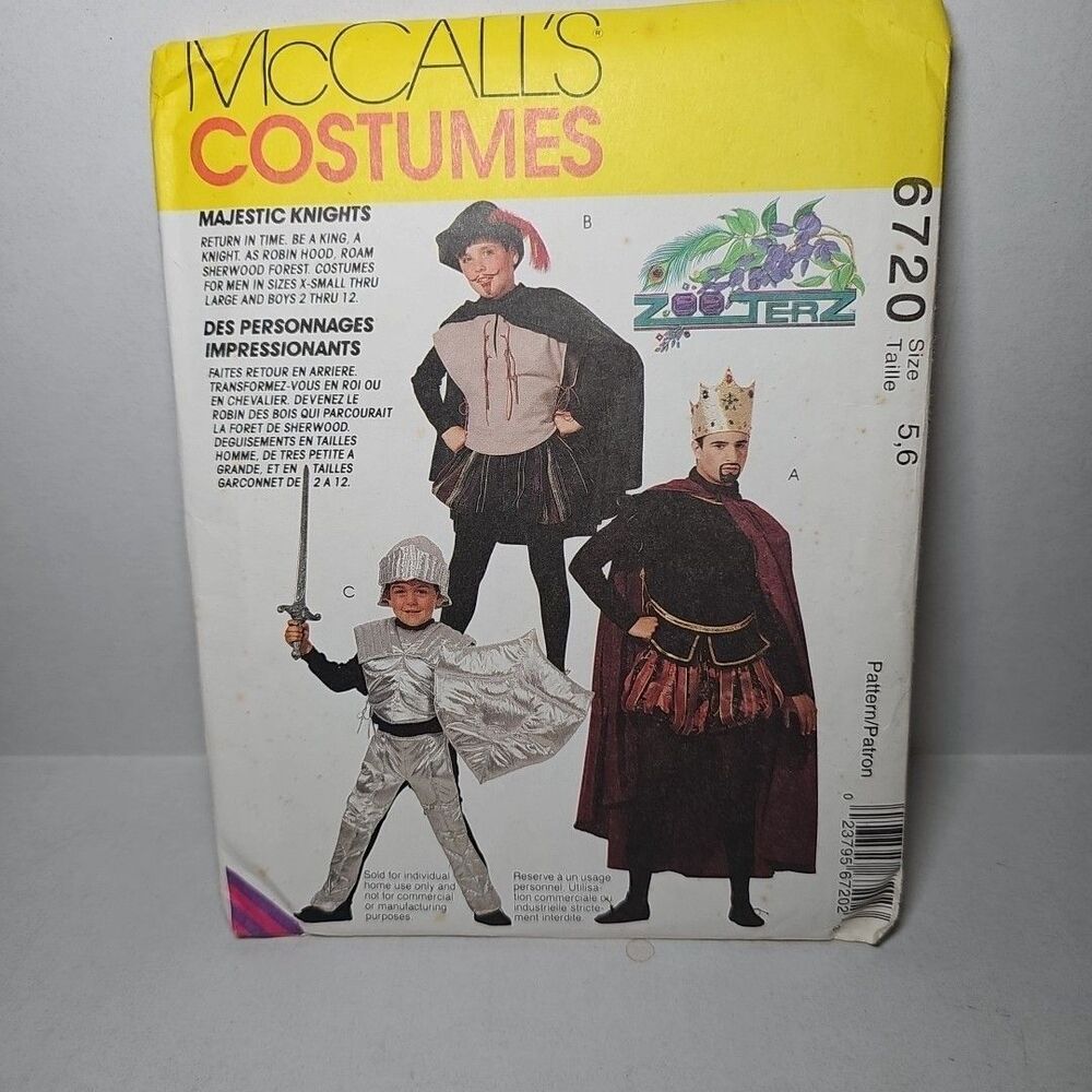 McCall's Boy's Majestic Knights Costume Pattern 6720 Sizes 5,6 UNCUT